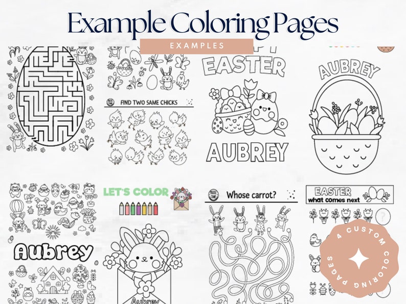 Puede incluir: Un conjunto de cuatro p&aacute;ginas para colorear de Pascua imprimibles con una variedad de dise&ntilde;os, que incluyen un laberinto, un juego de encontrar los pollitos iguales, un conejito en un sobre, una cesta de huevos y una secuencia de 'qu&eacute; viene despu&eacute;s'. Las p&aacute;ginas est&aacute;n dise&ntilde;adas para ni&ntilde;os e incluyen el nombre 'Aubrey' en varias de ellas.
