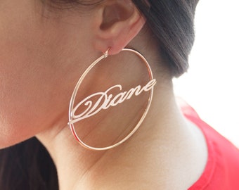 Sterling Silver Name Hoop Earrings, Cursive Font, ANY NAME Available, Gold Name Earrings