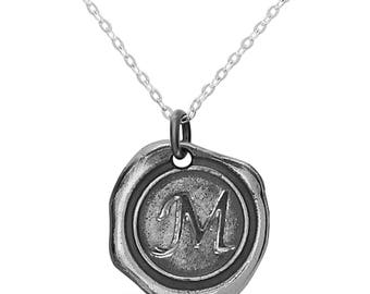 Sterling Silver Wax Seal Initial Pendant, Vintage Necklace,  Antique look Wax initial necklace