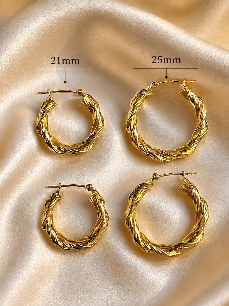 Pendientes de lujo estilo italiano de oro macizo de 14 quilates con diseño de cuerda trenzada, 2 tamaños disponibles, ¡envío súper rápido! imagen 4