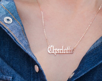 Sterling Silver Old English Name Necklace: Gothic Font Personalized Jewelry