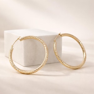 14K Solid Gold Diamond Cut Luxury Hoop Earrings