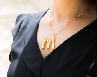 Bamboo Initial Letter Necklace, Personalized Initial Necklace, Gold Initial Necklace