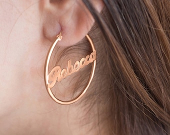 Large Sterling Silver Name Hoop Earrings, Celebrity inspired earrings, Gold Name Earrings