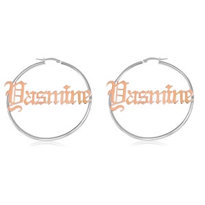Aros con nombre en plata de ley, tipografía inglesa antigua, aros con nombre hechos a mano, aros estilo gótico