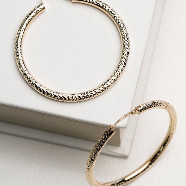 Orecchini a cerchio in argento sterling con taglio a diamante: stile italiano, grandi (50 mm)