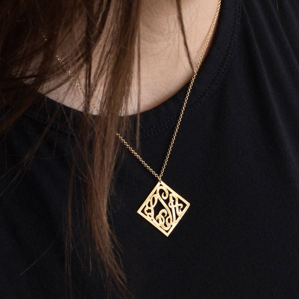 Sterling Silver or Solid Gold Square monogram, 4 Points Monogram Necklace, Monogram Pendant