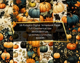Watercolor Autumn Fall Pumpkin Digital Scrapbook Paper Seamless Pattern Junk Journal Instant Download