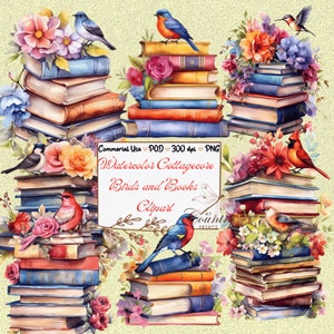 Watercolor Birds and Books Clipart Cottagecore Commerical Use PNG POD floral antique book Instant Download