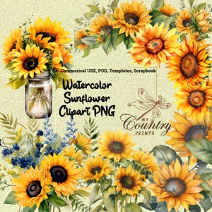 Watercolor Sunflower Clipart Floral Summer For Weddings digital watercolor clipart instant download Commerical Use POD Template