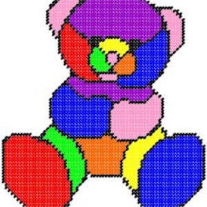 May include: A colourful crocheted teddy bear with pink ears, a purple head, a blue body, and multi-coloured legs.