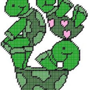 May include: Green pixel art of two cartoon turtles, one on top of the other, with hearts for eyes. The turtle on top is holding a heart in its hand.