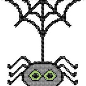 May include: A black and grey spider with green eyes hangs from a black web.