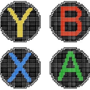 Könnte beinhalten: Vier runde Knöpfe mit den Buchstaben A, B, X und Y in Grün, Rot, Blau und Gelb. Die Knöpfe befinden sich auf einem schwarzen Hintergrund.