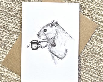 Tea Squirrel Greeting Card | Whimsical Illustrated Animal (A6 Size)