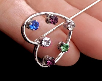 Épingle à accrocher coeur vintage en argent sterling Anson - Épingle à strass multicolores