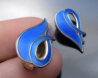 ALBERT SCHARNING Norwegian EARRINGS - Sterling Guilloche Enamel Clip-on Earrings - Cobalt Blue Tulip Earrings - 925 S Modernist Jewelry