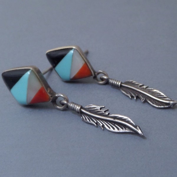 Vintage Sterling ZUNI Turquoise EARRINGS, Coral Black Jet and Mother of Pearl MOSAIC Inlay, Womens Native American Indian Jewelry