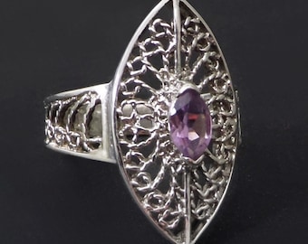 Bague améthyste en argent sterling vintage VENTE, déclaration de pierres précieuses bohème en filigrane, taille 7