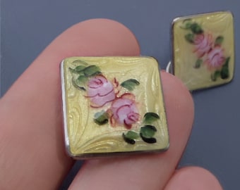 Art Deco Guilloche Enamel EARRINGS, Pink Yellow ROSE Floral Jewelry, Vintage STERLING Silver Screw-backs