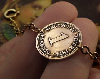 Antique LOVE Token Bracelet Engraved ANNA 1874 H German Pfenning Deutschland COIN