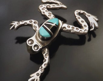 Bijoux Navajo turquoise MELISSA YAZZIE, épinglette grenouille en mosaïque vintage incrustée, broche amérindienne en argent sterling