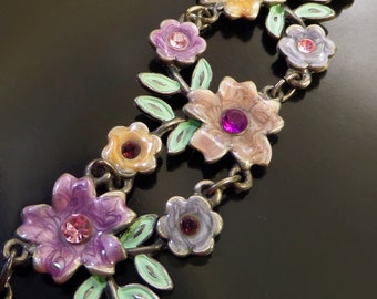 Vintage ENAMEL Rhinestone Flower BRACELET, Women's Costume Floral Leaf Jewelry, Size 7-1/2" Adjustable Gift for Her