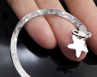 Vintage ITALY Sterling Bracelet STAR Charm, HERRINGBONE Bracelets Greek Key Motif, Size 7-1/4", Celestial Gift for Her