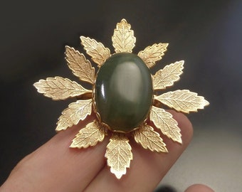 FIFTIES Vintage Nephrite JADE Brooch LARGE Gold Filled Floral Jewelry, Mothers Day Gift