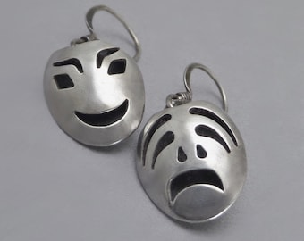 Boucles d'oreilles masque de tragédie comédie mexicaine vintage en argent sterling : bijoux de théâtre