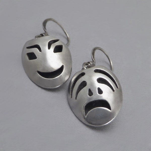 Vintage Mexican Sterling COMEDY & TRAGEDY Earrings Theatrical Drama Masks Signed BD Cuernavaca 925 c.1940's