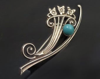 Antique Turquoise STERLING Floral Pin, Women's ART DECO Jewelry c.1930's