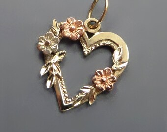 10K Gold HEART Charm - Tri-Color FLOWER Open-Heart Pendant - Womens Vintage FINE Jewelry
