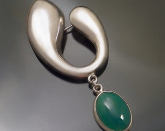 Abstract MODERNIST Biomorphic Brooch - Green Chalcedony Mexico Taxco Pin - Vintage Mexican Sterling Jewelry c.1980's