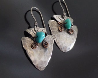 Vintage Southwestern STERLING Turquoise EARRINGS, Primitive Hammered ARROWS, 925 Earwires for Pierced Ears, Gift for Her