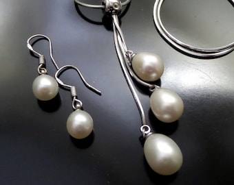 Vintage Sterling PEARL Necklace Earrings - Natural Pearl TASSEL Matching Drop EARRINGS - Wedding Bridal Gift Set