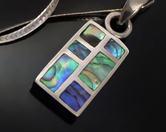Modernist VINTAGE Mother of PEARL Pendant, Sterling Italy 925 Chain, MOD Inlay Mosaic Jewelry, Gift for Her