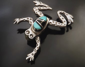 Sale MELISSA YAZZIE Vintage NAVAJO Turquoise Brooch - Inlay Mosaic Frog Pin - Sterling Native American Jewelry, Mothers Day Gift