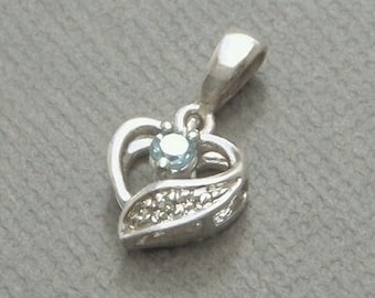 Genuine 10K Gold HEART Charm, Blue TOPAZ Diamond Pendant, Womens Vintage Gemstone Jewelry, Valentine Gift