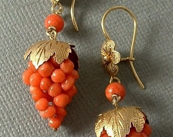 Antique Victorian CORAL Earrings GRAPE Cluster Dangles Gold Gilt STERLING Cannetille Filigree Earwires c.1900s
