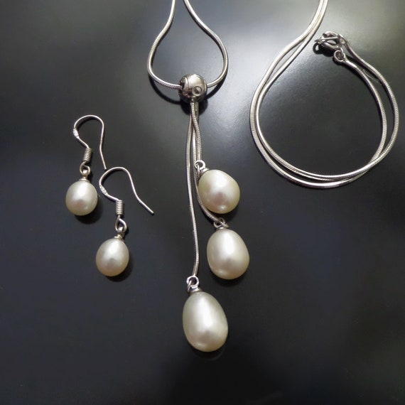 Vintage Sterling PEARL Necklace Earrings - Natura… - image 2
