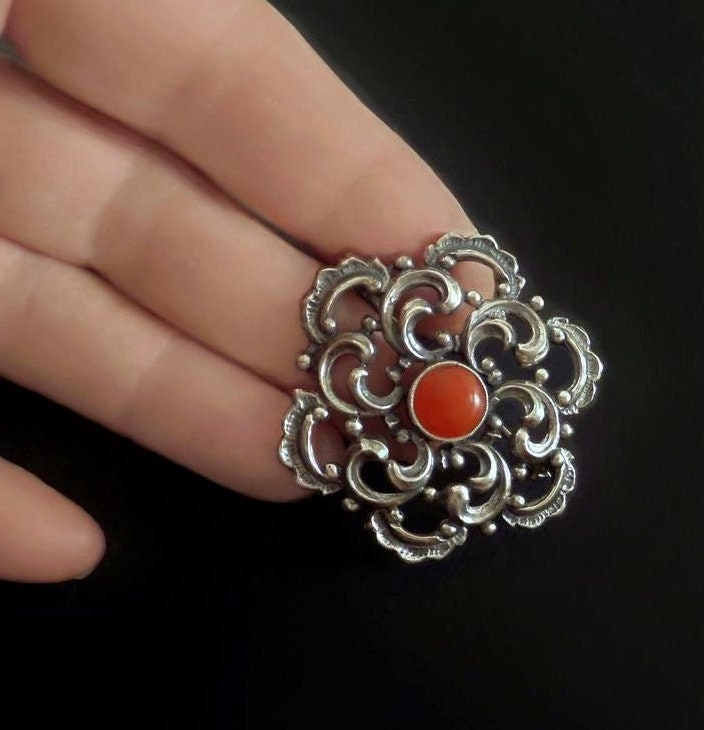 Sale Antique Natural Red CORAL Brooch SOLID Silver 800 | Etsy
