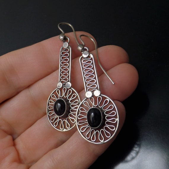 LONG Sterling Black ONYX Earrings, Thick French Ho