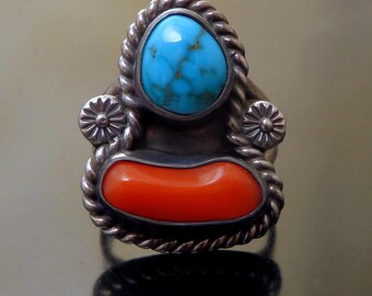 Bague en corail turquoise turquoise vintage signée REDWATER, bijoux amérindiens Old Pion
