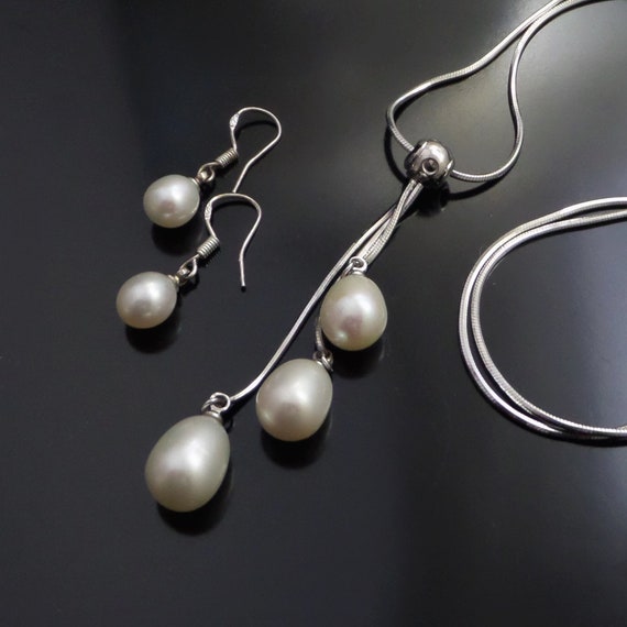 Vintage Sterling PEARL Necklace Earrings - Natura… - image 5