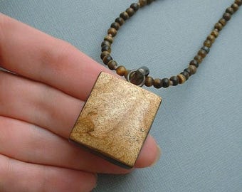 Collier vintage à pendentif en jaspe illustré : argent sterling, chaîne oeil de tigre