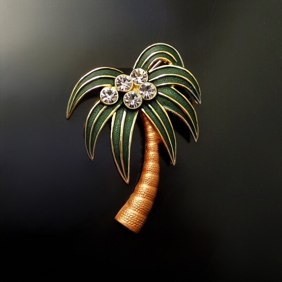 Sale Vintage ENAMEL Palm TREE Brooch Clear RHINESTONES Mint 