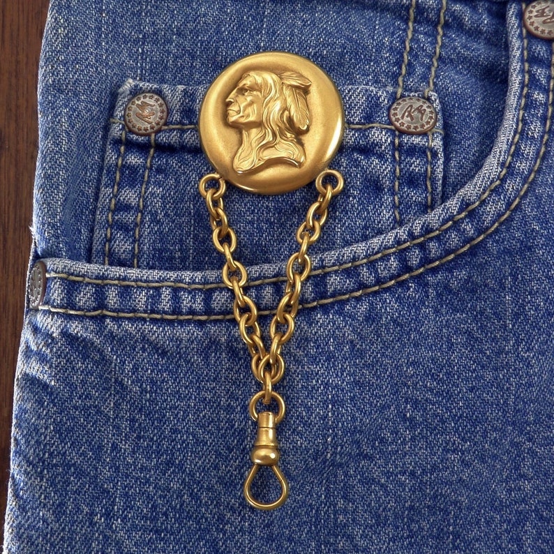 ANTIQUE American Indian CHIEF Watch Chain Pocketwatch Fob BELT image 0