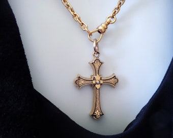 Antique 14K GOLD Victorian CROSS - Long Gold Filled Watch CHAIN Necklace 17 Inches - Women's Fine Gold Jewelry