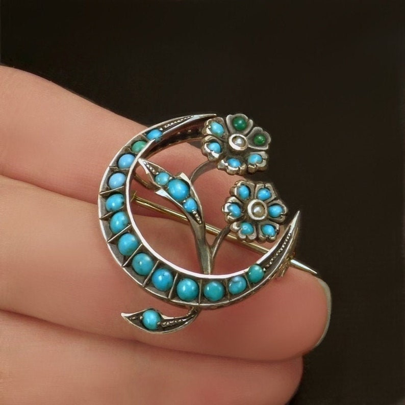 Antique Victorian PERSIAN Turquoise Crescent Moon BROOCH Seed image 0